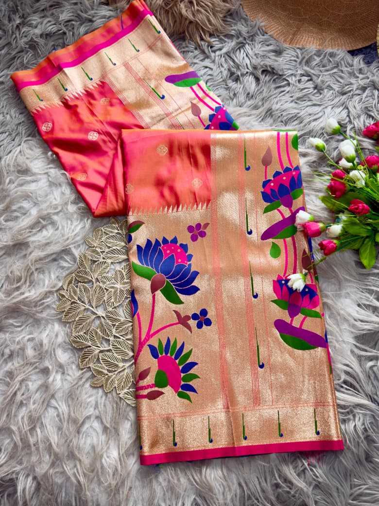 Peach Royal Lotus Peacock Paithani Silk Saree with Grand Zari Pallu - House of ViDi