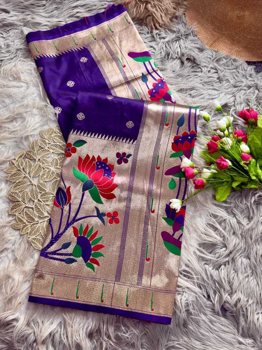 Navy Blue Royal Lotus Peacock Paithani Silk Saree with Grand Zari Pallu - House of ViDi