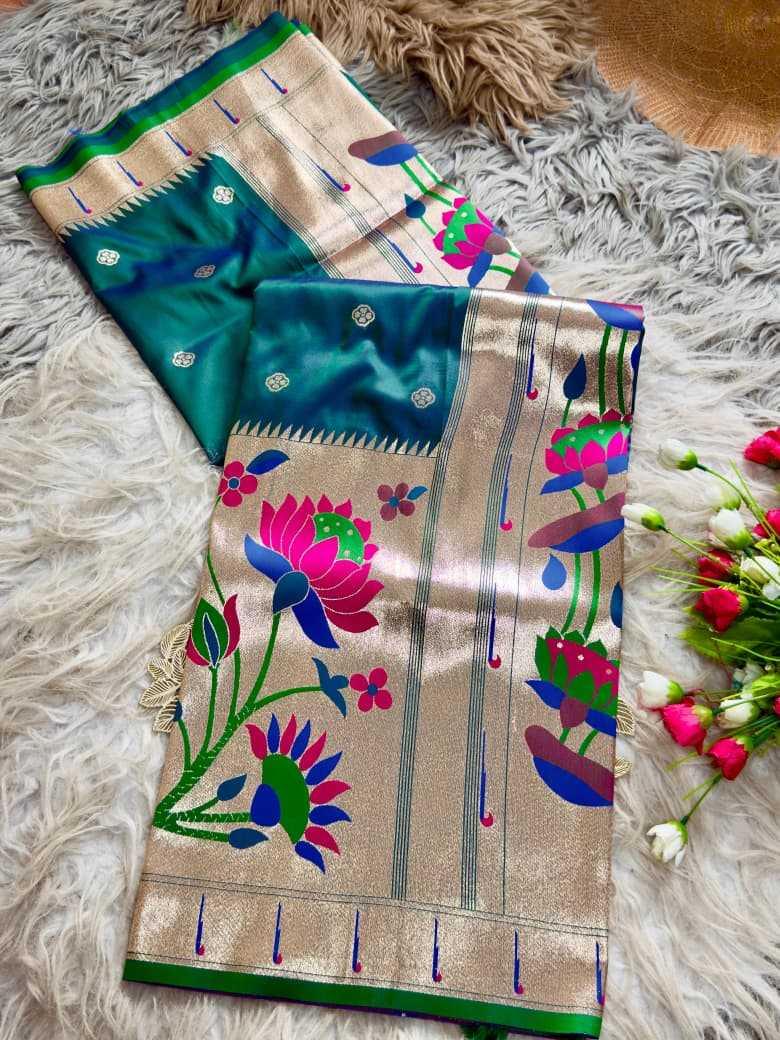 Bottle Green Royal Lotus Peacock Paithani Silk Saree with Grand Zari Pallu - House of ViDi