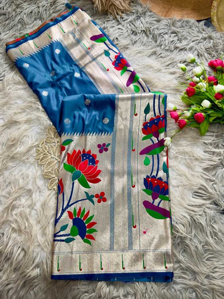 Blue Royal Lotus Peacock Paithani Silk Saree with Grand Zari Pallu - House of ViDi