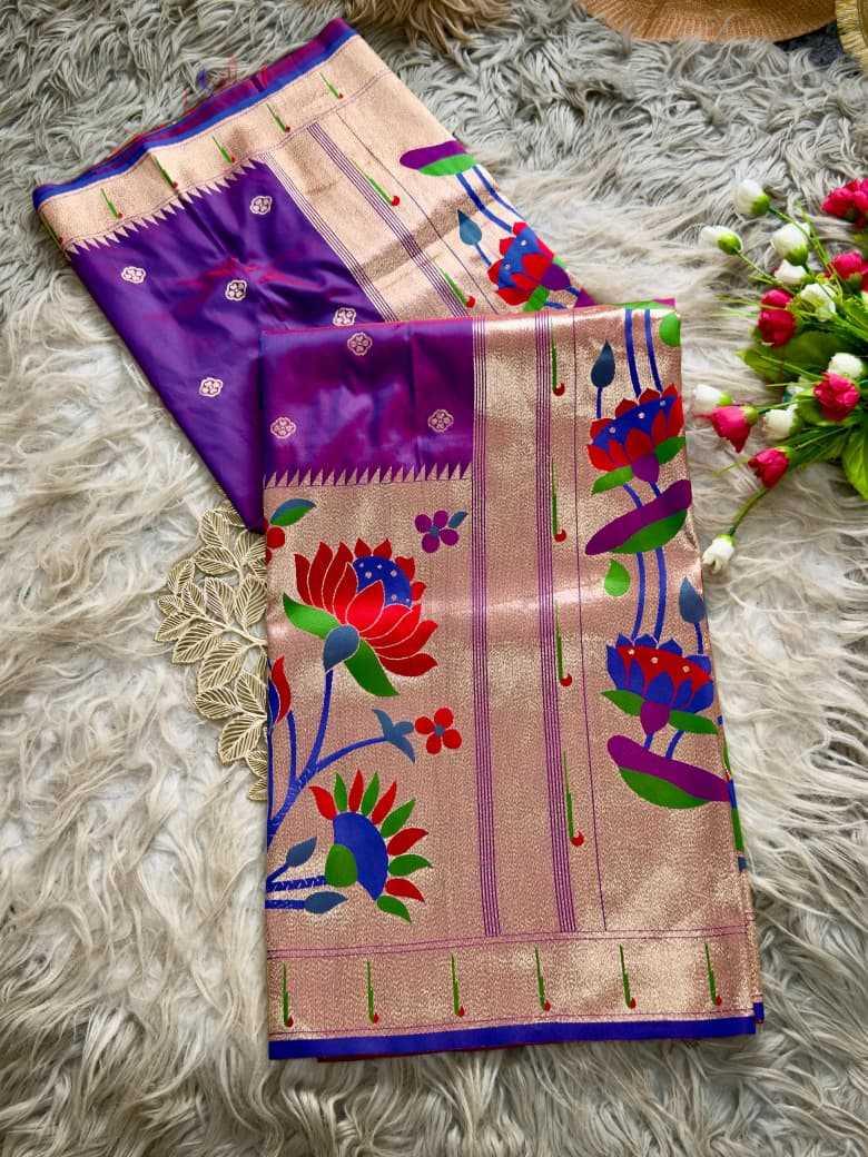Purple Royal Lotus Peacock Paithani Silk Saree with Grand Zari Pallu - House of ViDi