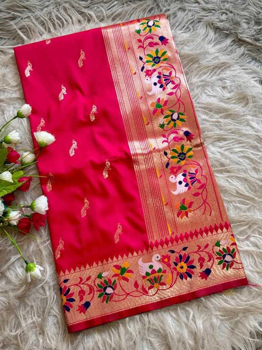 Pink Royal Peacock Butti Paithani Silk Saree with Traditional Zari Border - House of ViDi