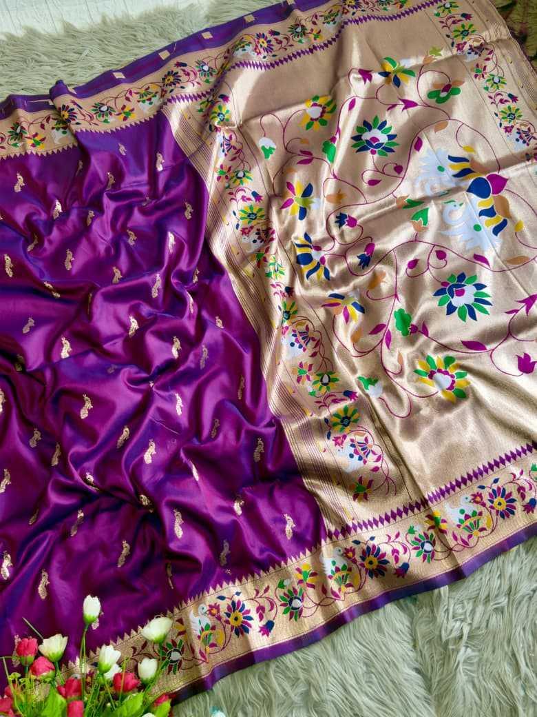 Purple Royal Peacock Butti Paithani Silk Saree with Traditional Zari Border - House of ViDi
