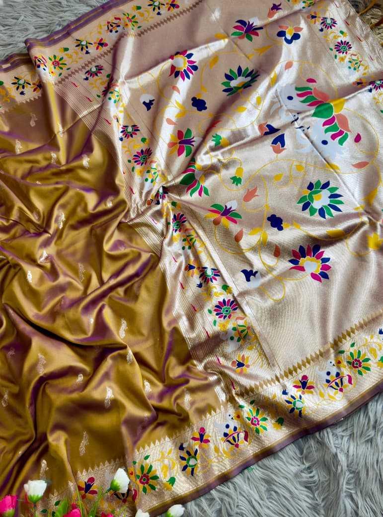 Mustard Royal Peacock Butti Paithani Silk Saree with Traditional Zari Border - House of ViDi