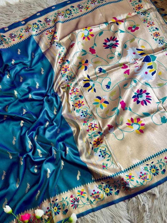 Blue Royal Peacock Butti Paithani Silk Saree with Traditional Zari Border - House of ViDi