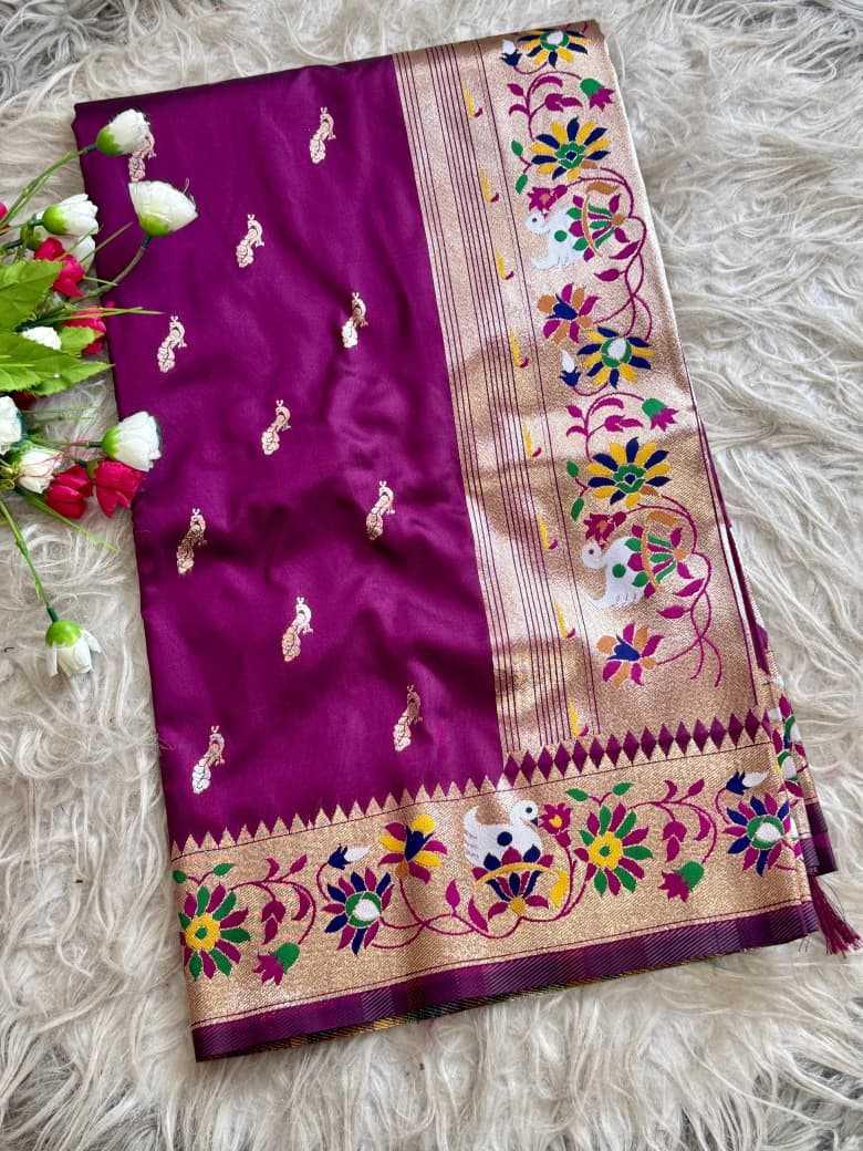 Purple Royal Peacock Butti Paithani Silk Saree with Traditional Zari Border - House of ViDi
