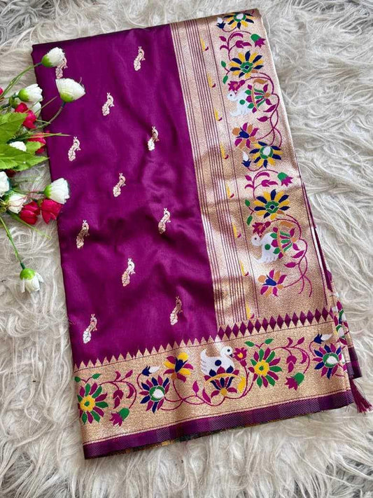 Purple Royal Peacock Butti Paithani Silk Saree with Traditional Zari Border - House of ViDi