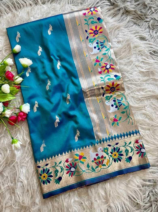 Blue Royal Peacock Butti Paithani Silk Saree with Traditional Zari Border - House of ViDi