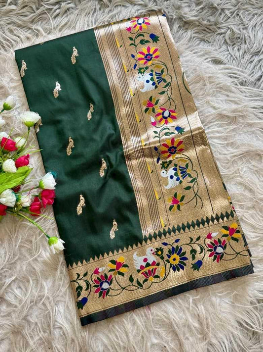 Forest Green Royal Peacock Butti Paithani Silk Saree with Traditional Zari Border - House of ViDi
