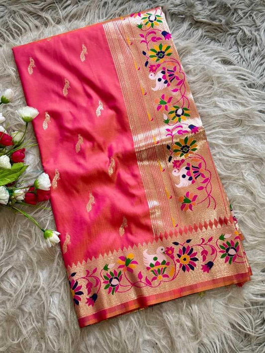 Light Pink Royal Peacock Butti Paithani Silk Saree with Traditional Zari Border - House of ViDi