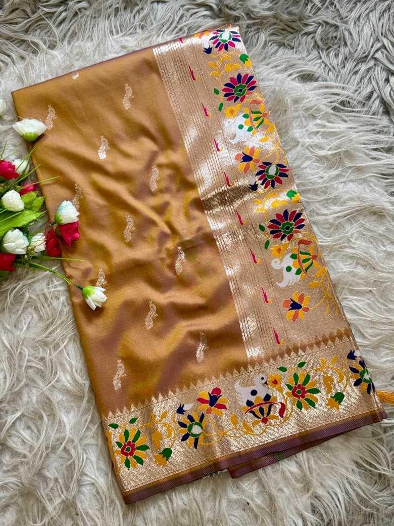 Mustard Royal Peacock Butti Paithani Silk Saree with Traditional Zari Border - House of ViDi