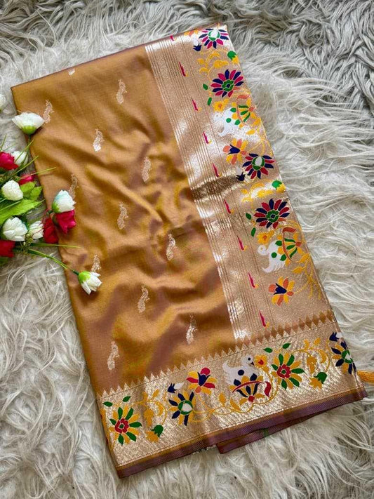 Mustard Royal Peacock Butti Paithani Silk Saree with Traditional Zari Border - House of ViDi