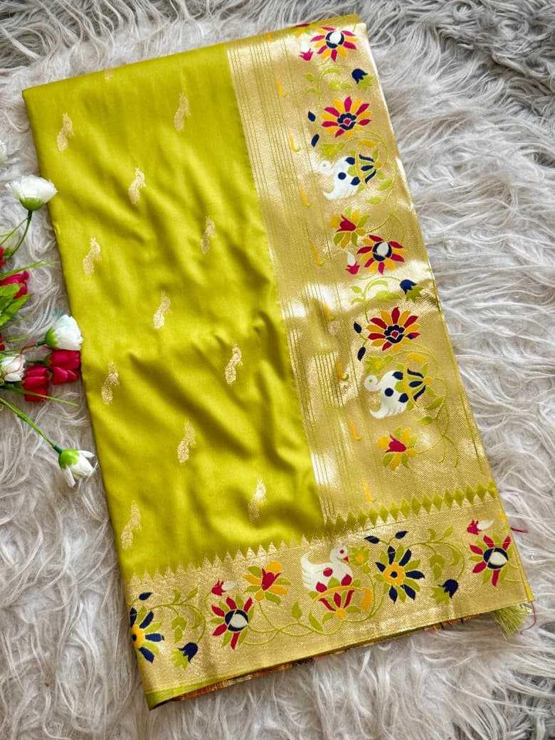 Yellow Royal Peacock Butti Paithani Silk Saree with Traditional Zari Border - House of ViDi