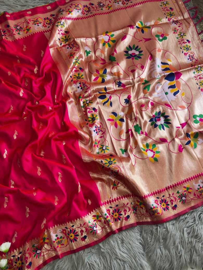 Pink Royal Peacock Butti Paithani Silk Saree with Traditional Zari Border - House of ViDi