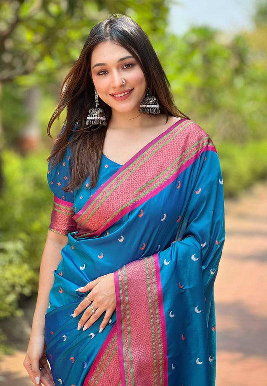 Designer Chandrakor Paithani Saree | Contrast Zari Border & Meenakari Pallu ✨ | Perfect for Weddings & Traditional Ceremonies (Blue)