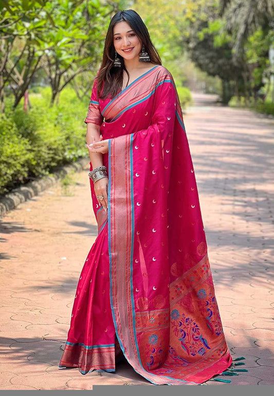 Designer Chandrakor Paithani Saree | Contrast Zari Border & Meenakari Pallu ✨ | Perfect for Weddings & Traditional Ceremonies (Pink) - House of ViDi
