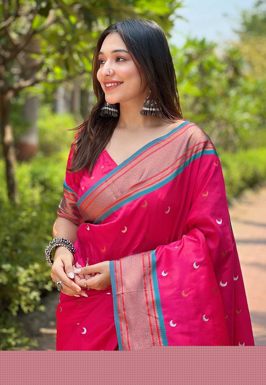 Designer Chandrakor Paithani Saree | Contrast Zari Border & Meenakari Pallu ✨ | Perfect for Weddings & Traditional Ceremonies (Pink)