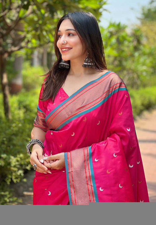 Designer Chandrakor Paithani Saree | Contrast Zari Border & Meenakari Pallu ✨ | Perfect for Weddings & Traditional Ceremonies (Pink)