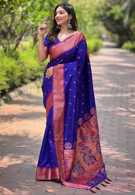 Designer Chandrakor Paithani Saree | Contrast Zari Border & Meenakari Pallu ✨ | Perfect for Weddings & Traditional Ceremonies (Violet)