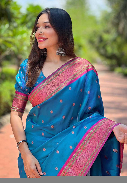 Designer Paithani Saree | Contrast Zari Border & Meenakari Pallu ✨ | Perfect for Weddings & Traditional Ceremonies (Violet)