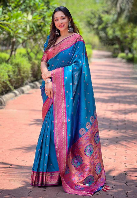 Designer Paithani Saree | Contrast Zari Border & Meenakari Pallu ✨ | Perfect for Weddings & Traditional Ceremonies (Violet) - House of ViDi