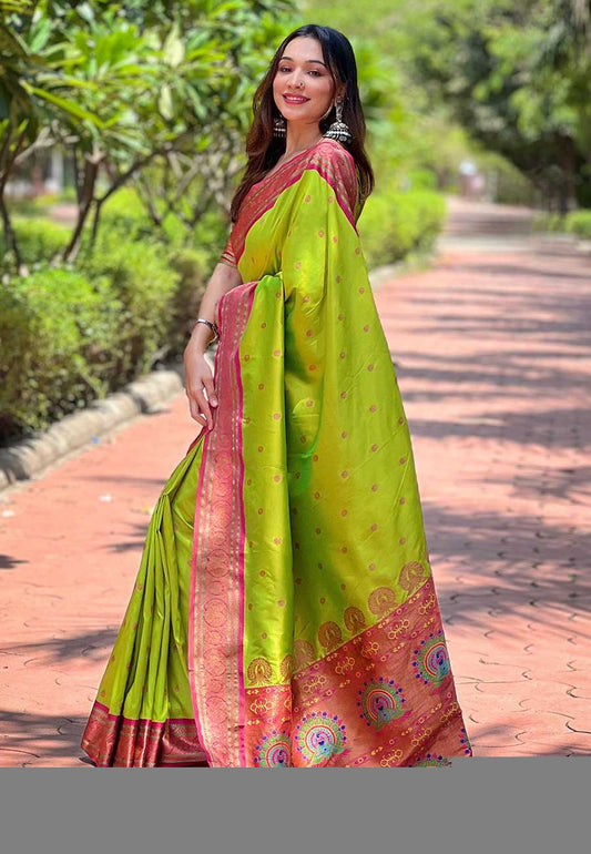 Designer Paithani Saree | Contrast Zari Border & Meenakari Pallu ✨ | Perfect for Weddings & Traditional Ceremonies (Rama Green)