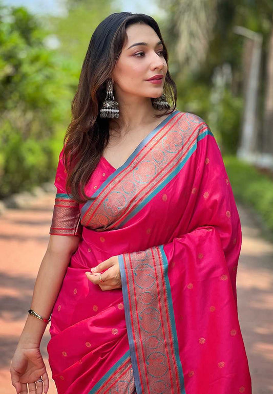 Designer Paithani Saree | Contrast Zari Border & Meenakari Pallu ✨ | Perfect for Weddings & Traditional Ceremonies (Pink)