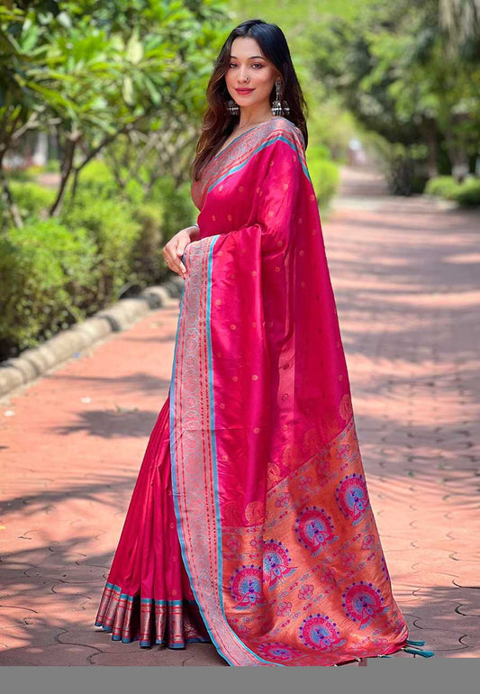Designer Paithani Saree | Contrast Zari Border & Meenakari Pallu ✨ | Perfect for Weddings & Traditional Ceremonies (Pink) - House of ViDi