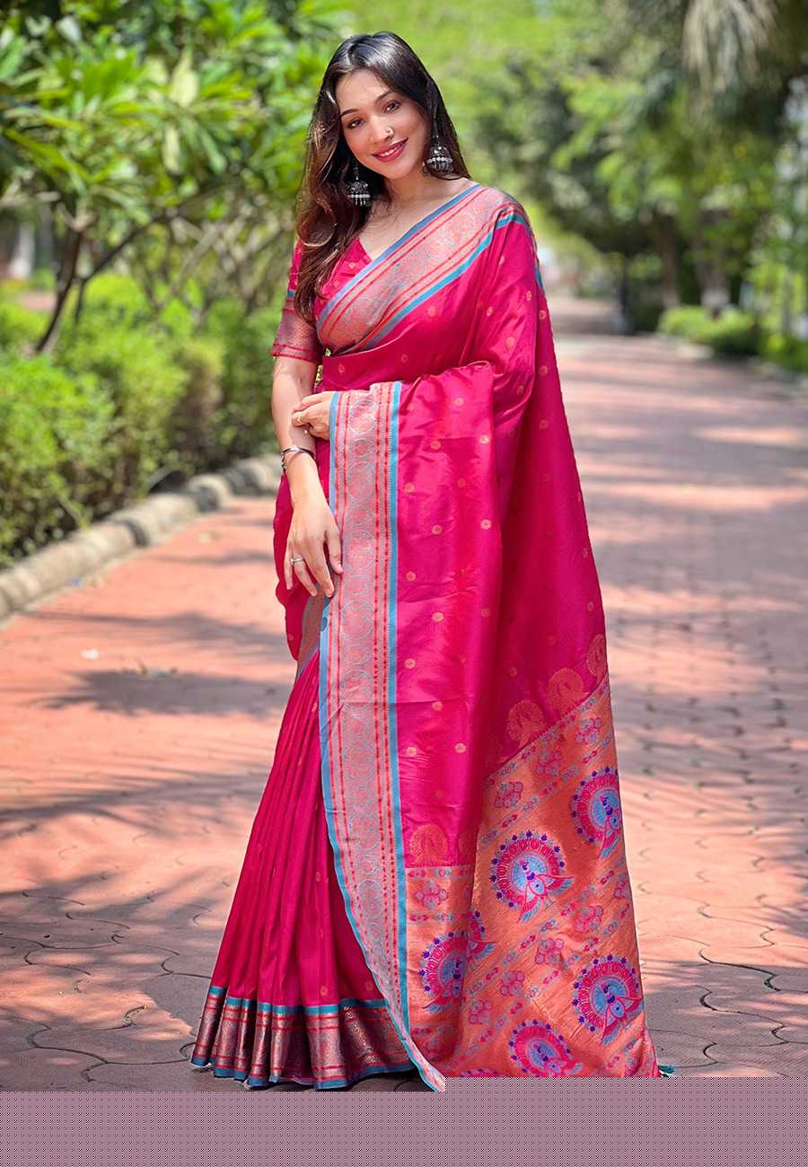 Designer Paithani Saree | Contrast Zari Border & Meenakari Pallu ✨ | Perfect for Weddings & Traditional Ceremonies (Pink)