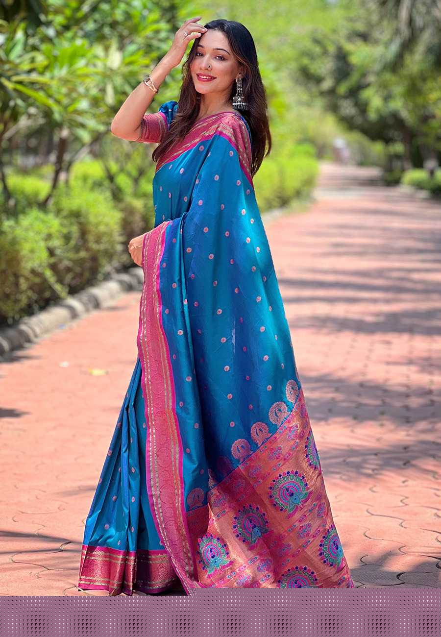 Designer Paithani Saree | Contrast Zari Border & Meenakari Pallu ✨ | Perfect for Weddings & Traditional Ceremonies (Violet)