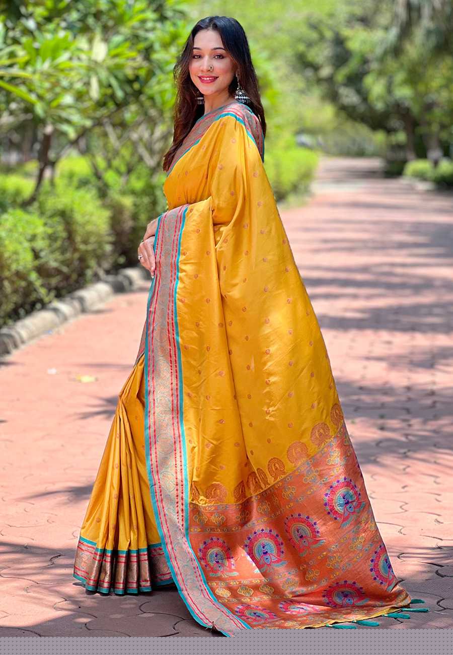 Designer Paithani Saree | Contrast Zari Border & Meenakari Pallu ✨ | Perfect for Weddings & Traditional Ceremonies (Lemon Yellow)