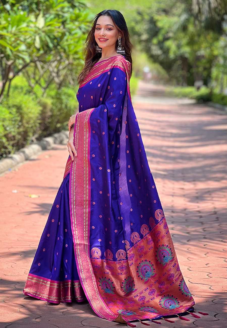 Designer Paithani Saree | Contrast Zari Border & Meenakari Pallu ✨ | Perfect for Weddings & Traditional Ceremonies (Purple)