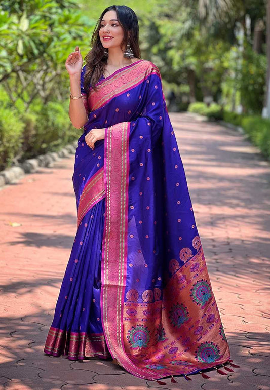 Designer Paithani Saree | Contrast Zari Border & Meenakari Pallu ✨ | Perfect for Weddings & Traditional Ceremonies (Purple)
