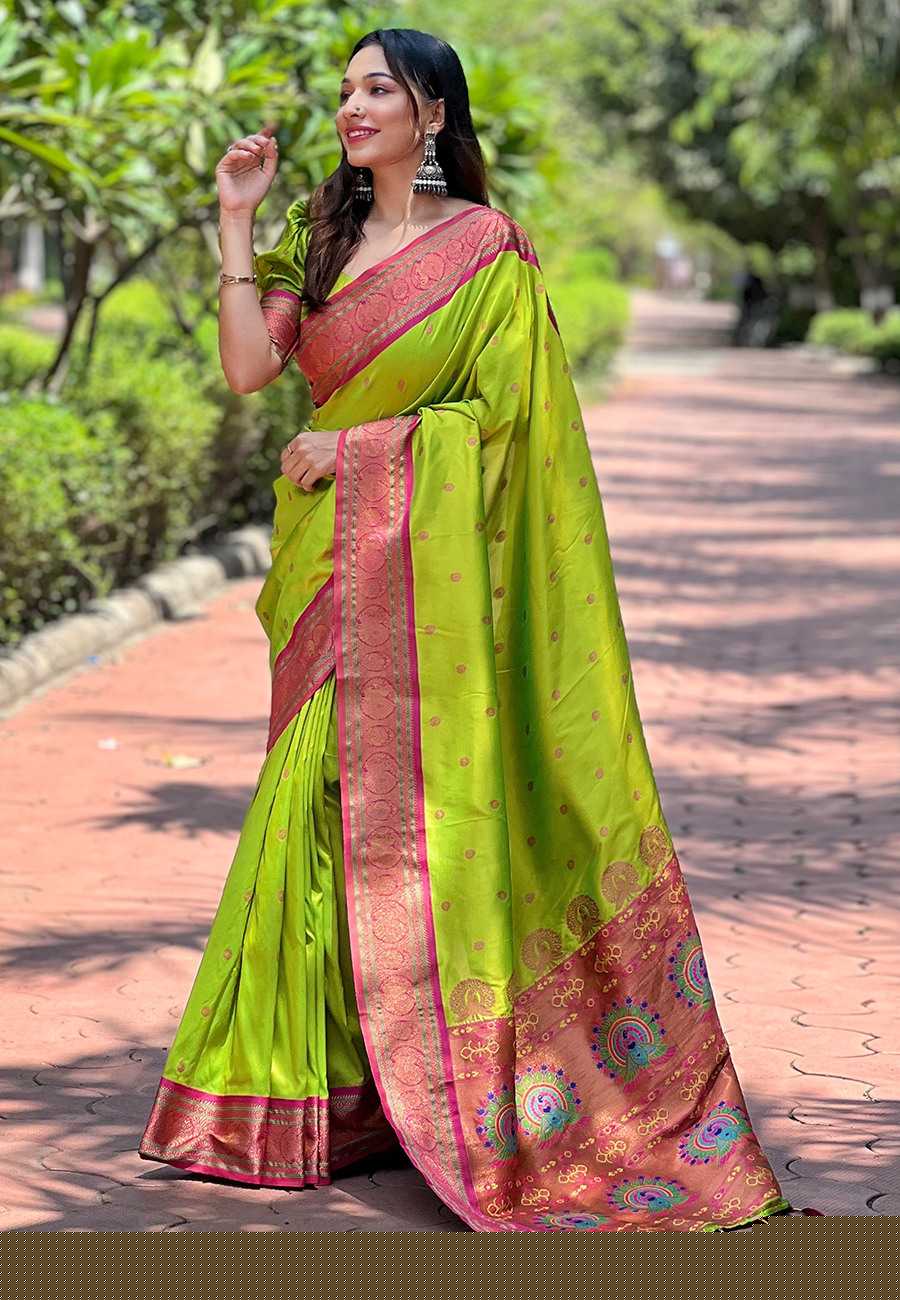 Designer Paithani Saree | Contrast Zari Border & Meenakari Pallu ✨ | Perfect for Weddings & Traditional Ceremonies (Rama Green)