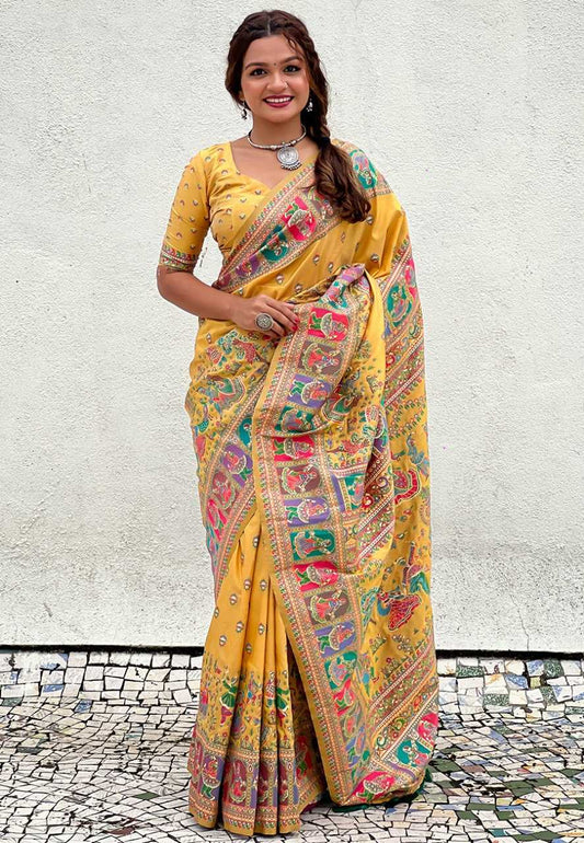 Pashmina Kashmiri Silk Saree | Kashmiri Meenakari Weaving & Heavy Pallu 🎉 | Perfect for Reception & Ceremonial Occasions (Light Yellow)