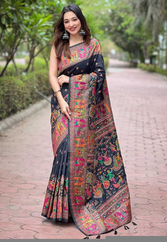 Pashmina Kashmiri Silk Saree | Kashmiri Meenakari Weaving & Heavy Pallu 🎉 | Perfect for Reception & Ceremonial Occasions (Black)