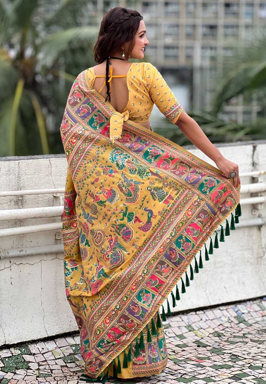 Pashmina Kashmiri Silk Saree | Kashmiri Meenakari Weaving & Heavy Pallu 🎉 | Perfect for Reception & Ceremonial Occasions (Light Yellow)