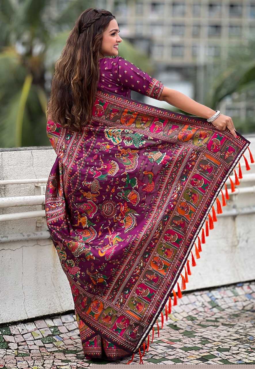 Pashmina Kashmiri Silk Saree | Kashmiri Meenakari Weaving & Heavy Pallu 🎉 | Perfect for Reception & Ceremonial Occasions (Burnt Maroon)