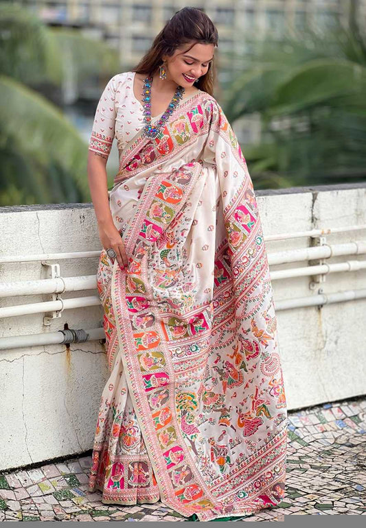 Pashmina Kashmiri Silk Saree | Kashmiri Meenakari Weaving & Heavy Pallu 🎉 | Perfect for Reception & Ceremonial Occasions (White)