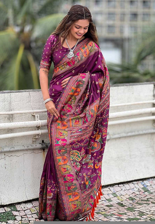 Pashmina Kashmiri Silk Saree | Kashmiri Meenakari Weaving & Heavy Pallu 🎉 | Perfect for Reception & Ceremonial Occasions (Burnt Maroon)