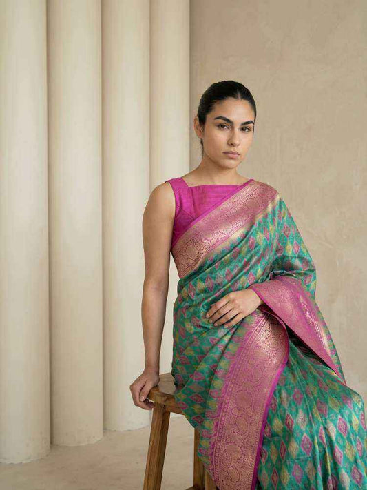 Green Patola Silk Saree with Meenakari Ikkat Zari Weaving