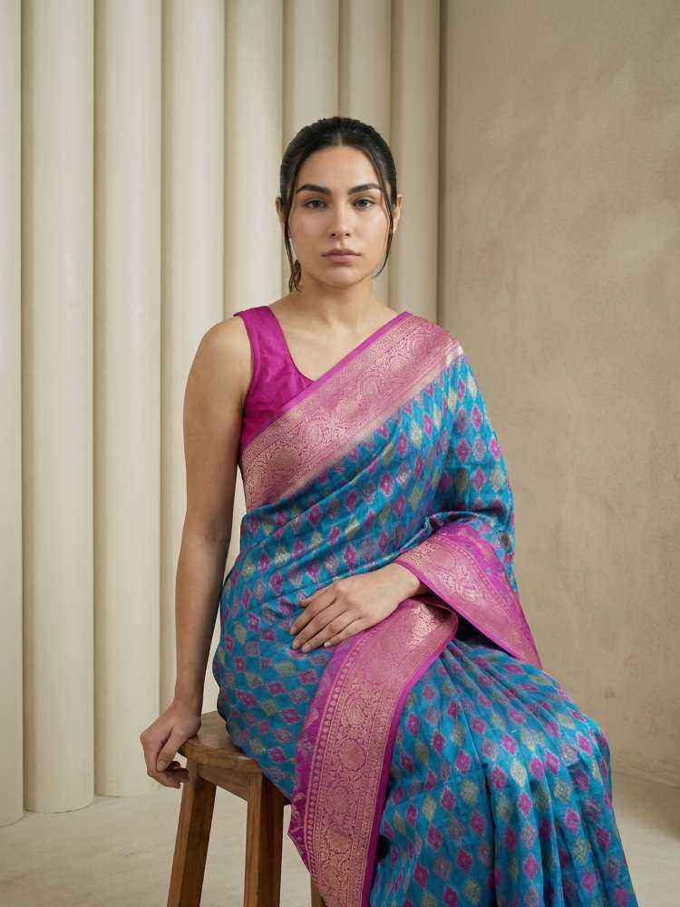 Navy Blue Patola Silk Saree with Meenakari Ikkat Zari Weaving
