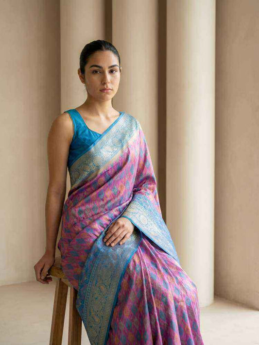 Pink Patola Silk Saree with Meenakari Ikkat Zari Weaving