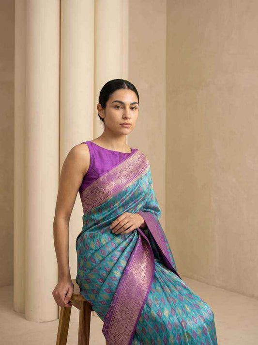 Sky Blue Patola Silk Saree with Meenakari Ikkat Zari Weaving