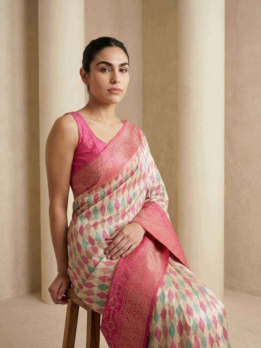 Cream Patola Silk Saree with Meenakari Ikkat Zari Weaving