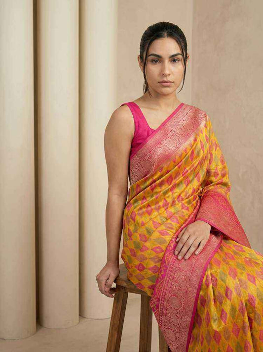 Orange Patola Silk Saree with Meenakari Ikkat Zari Weaving