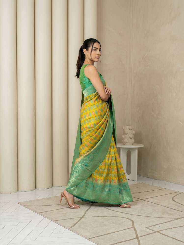 Yellow Patola Silk Saree with Meenakari Ikkat Zari Weaving
