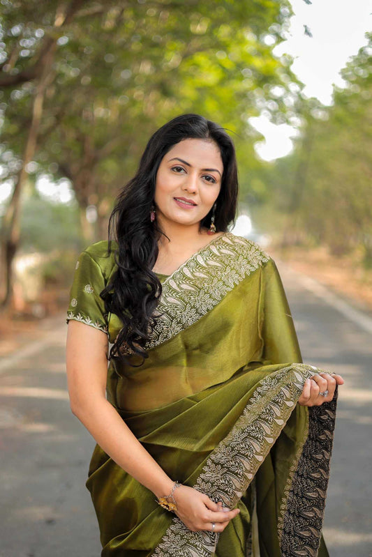 Pure Burberry Silk Saree with Heavy Multistitched Border & Butti Work Blouse | Party & Festive Wear (Pista)
