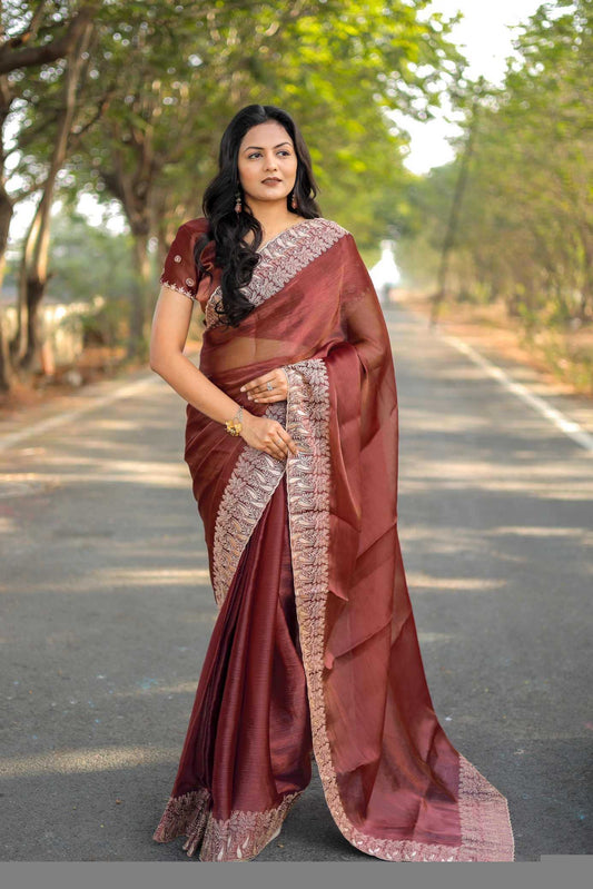 Pure Burberry Silk Saree with Heavy Multistitched Border & Butti Work Blouse | Party & Festive Wear (Bronze) - House of ViDi