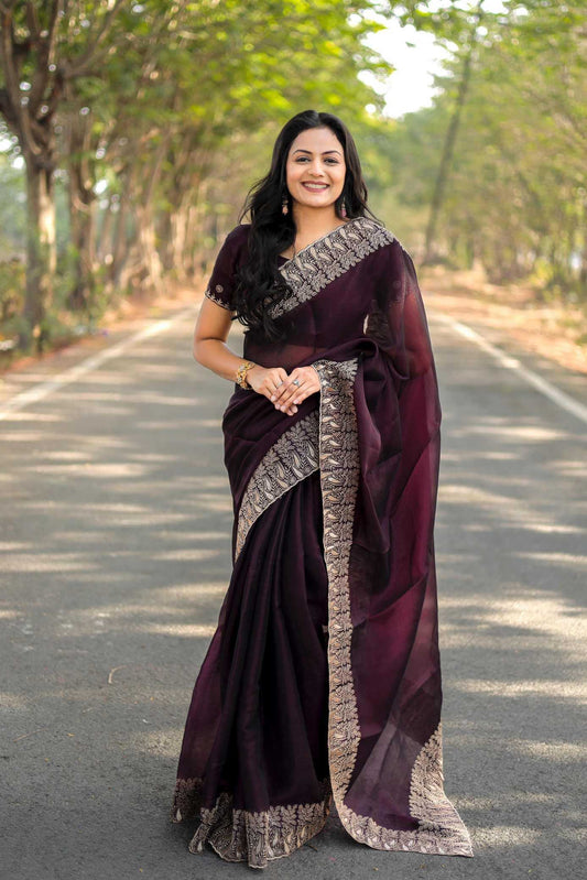 Pure Burberry Silk Saree with Heavy Multistitched Border & Butti Work Blouse | Party & Festive Wear (Wine)